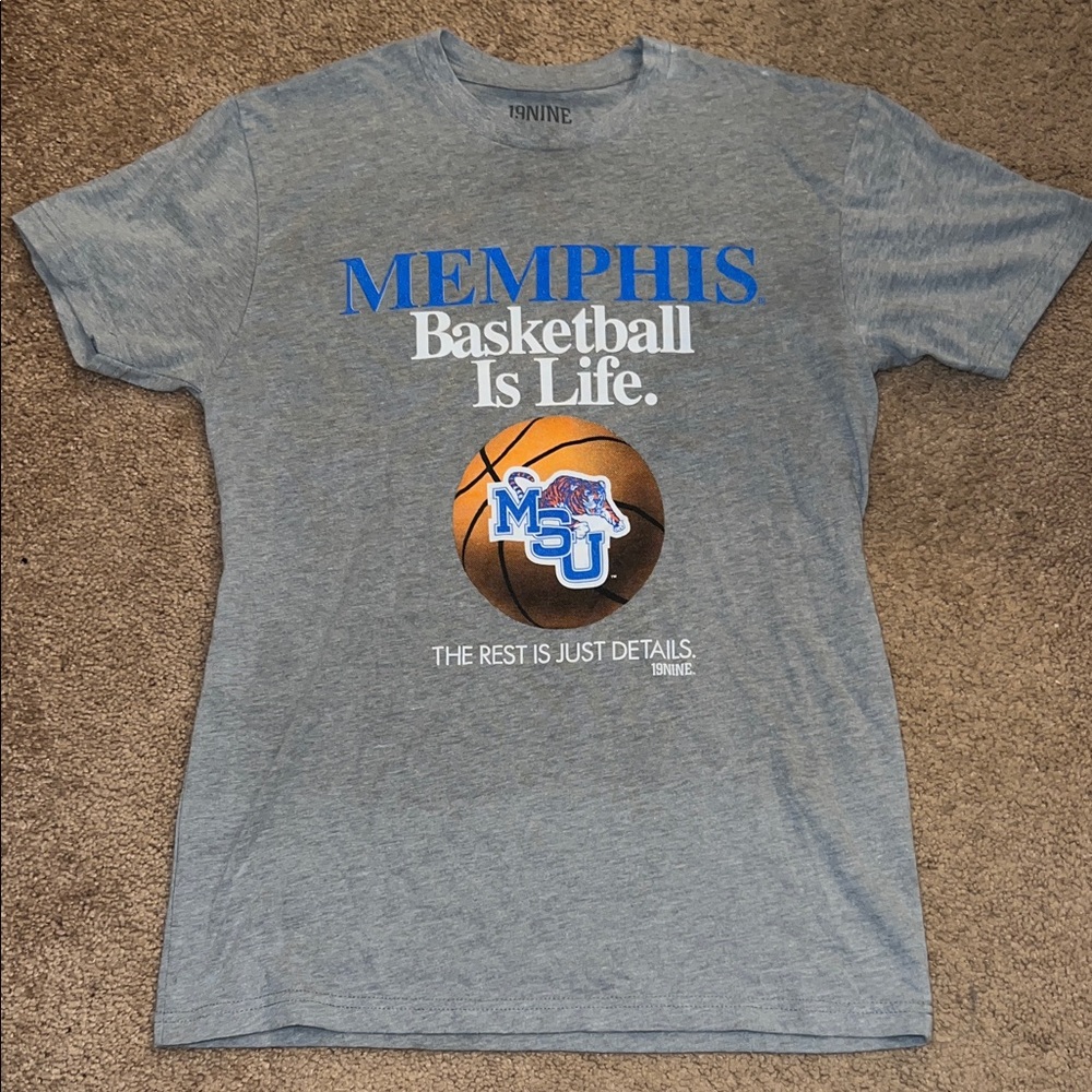 19Nine Memphis Tigers “Basketball Is Life” Tee – Gray, Size Adult Small